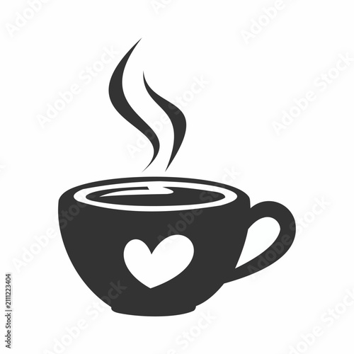 Simple flat icon of a steaming hot coffee or tea cup with a heart symbol