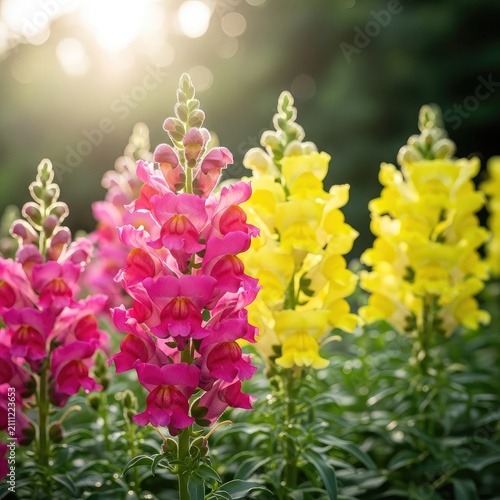 Tall snapdragon flowers in vibrant shades of pink and yellow stand upright in a bright, sunlit garden bed during a warm summer afternoon, field, blossom, bloom