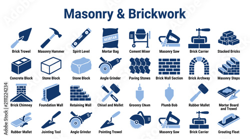 Fotografie Set of masonry and brickwork construction tools and building materials icons for