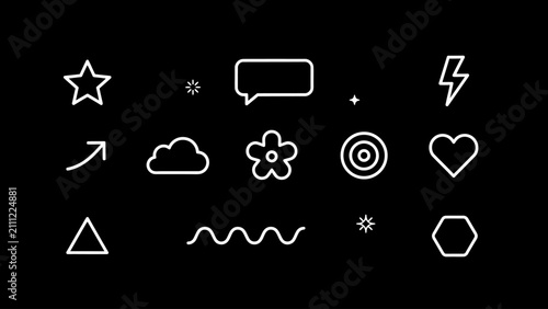 Collection Of White Line Icons Featuring A Star Speech Bubble Lightning Bolt And Geometric Shapes On Black icon