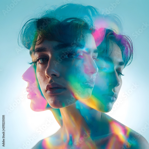 Multiple exposure portrait and diverse mental health identity. Psychology awareness and inner self introspection. Double reflection showing a thoughtful woman face silhouette in multi angle
