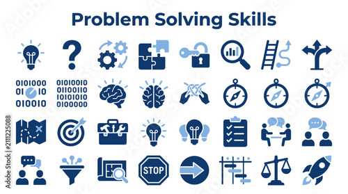 Set of problem solving skills icons representing logical thinking and business strategy in blue color