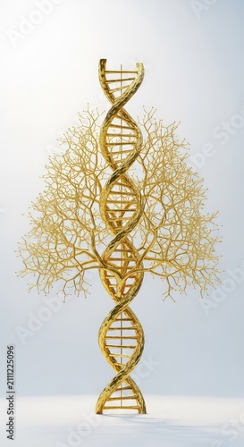 A magnificent golden sculpture of a DNA double helix shaped like a tree with complex branches and leaves against a light airy backdrop, golden, premium, decoration