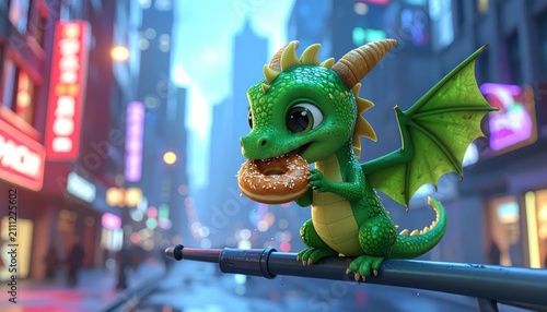 Green cartoon dragon on city street.