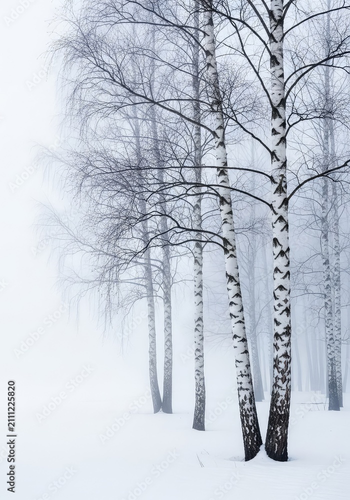 Naklejka premium A serene winter scene featuring slender white birch trees standing tall in a dense, mystical fog with soft snow covering the frozen ground, white, still, ambient
