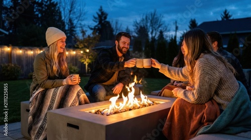 Friends relaxing around modern fire pit at night.