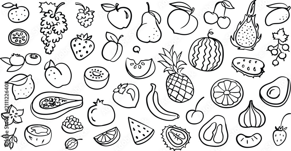 Fototapeta premium Hand Drawn Fruits Line Art Icon Set with Blue Outline Sketch Doodles for Organic Food Menu, Healthy Diet, and Botanical Graphic Designs