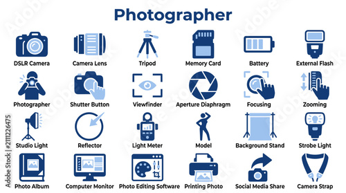 Foto Set of professional photographer equipment icons featuring camera gear lighting