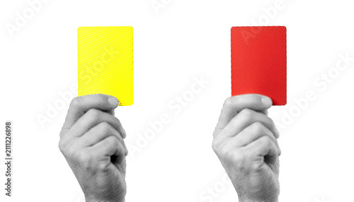 Bild auf Leinwand Grayscale Referee Hands Holding Yellow and Red Soccer Penalty Cards Isolated on