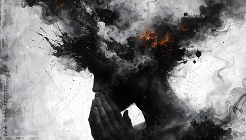Abstract double exposure portrait of a profile with smoke and fire. Mental health awareness concept. Person holding hands to face with dark smoke exploding from their head