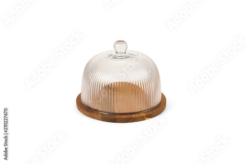 Clear glass food dome with a round wooden serving base for kitchen storage and elegant food display