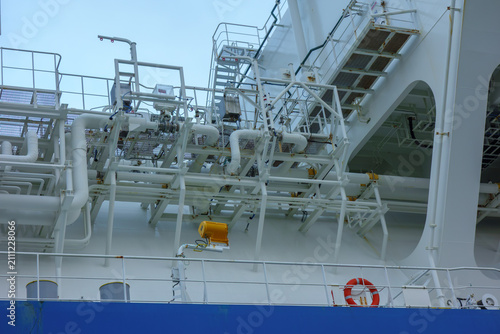 Industrial Piping System, Walkways, and Safety Equipment on a Large Commercial Vessel, Maritime Engineering and Infrastructure Details