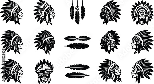 Cuadro en lienzo Set of native american tribal chief head silhouette icons featuring detailed fea