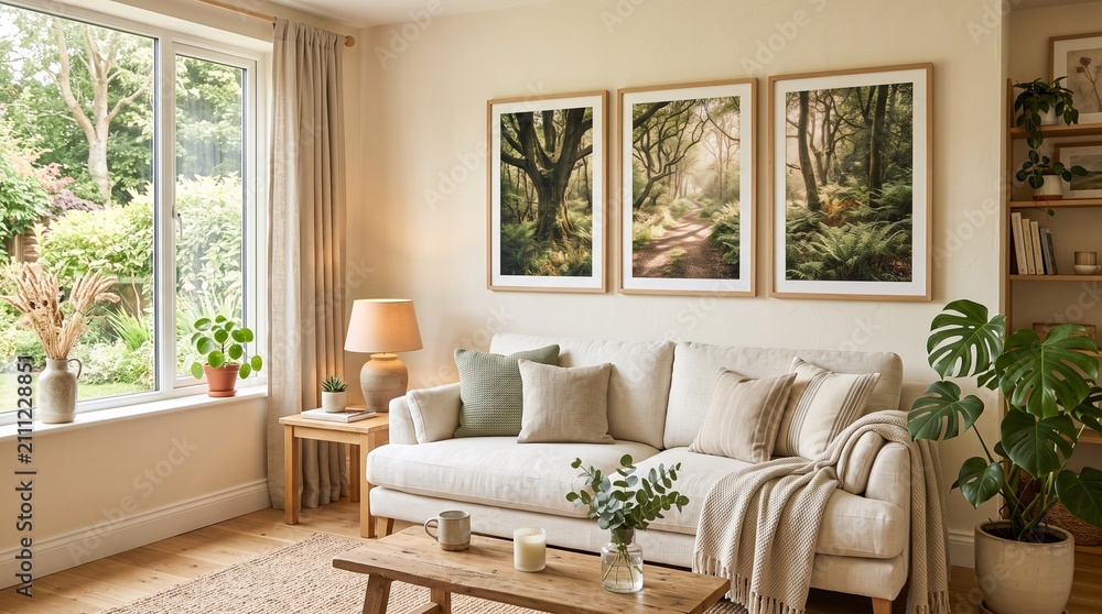 Fototapeta premium Cozy living room interior. Nature-inspired home decor with plants and artwork