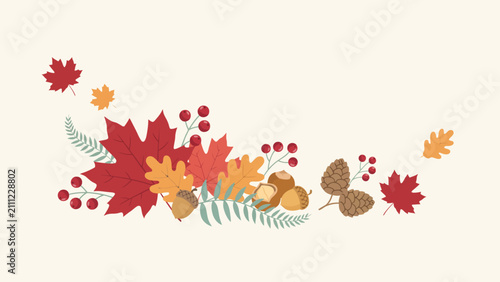 Autumnal floral ornament with maple leaves acorns and berries a flat vector illustration autumn fall foliage leaves leaf