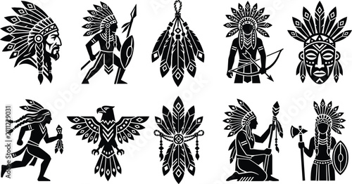Tableau sur toile WebCollection of native american tribal silhouettes featuring chief warriors wit