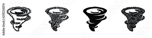 Foto A set of four distinct tornado illustrations, ranging from sketchy to solid blac