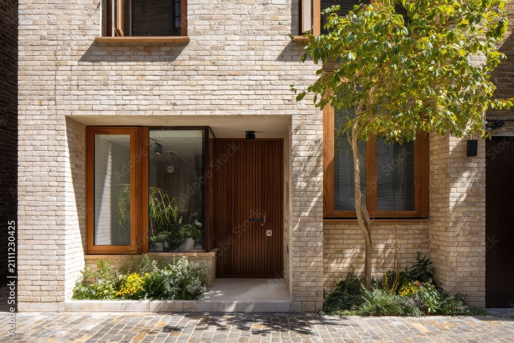 Fototapeta premium This contemporary house features a stunning natural entrance, complete with a beautifully landscaped garden, all nestled in a serene neighborhood bathed in daylight