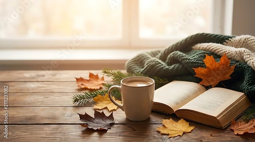 Coffee mug and open book by sunny window