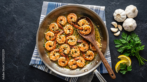 Garlic butter shrimp sautéed in a stainless-steel pan with fresh parsley and lemon slices, with garlic bulbs on a dark textured background.