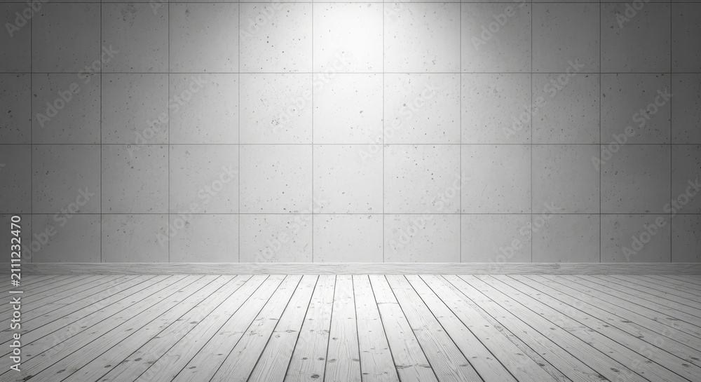 Fototapeta premium Empty Modern Interior with Concrete Tile Wall and Light Wood Floor Illuminated by Spotlight