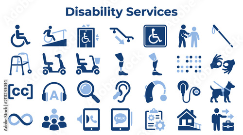 Set of disability services and accessibility icons for inclusive design representing various support tools and communication aids for people with disabilities