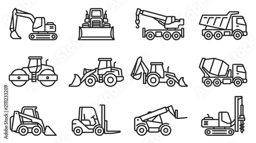 Set of outline icons representing various heavy construction machinery and industrial equipment vehicles.