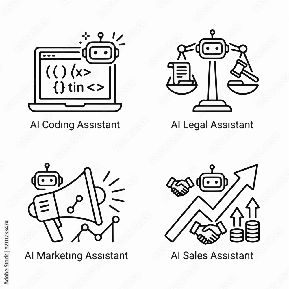 Fototapeta premium Artificial intelligence assistant icons set, 4 black line vector illustrations for AI coding, legal, marketing, and sales business automation