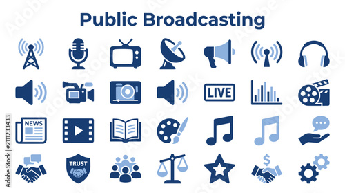 фотографія Set of public broadcasting and media communication icons representing digital in