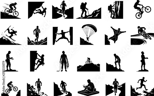 Outdoor Adventure and Extreme Sports silhouette collection isolated vector set