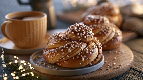 Fresh cinnamon roll pastry with pearl sugar topping on wooden tray next to morning coffee.