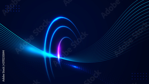 Abstract technology background with glowing blue wave lines, curved light trails