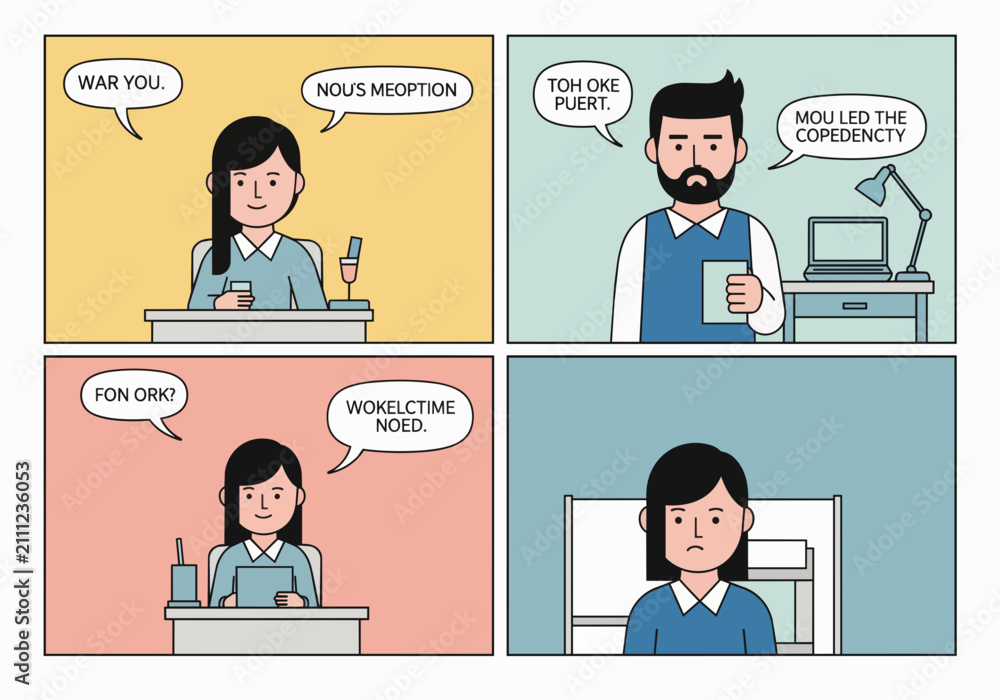 Fototapeta premium Four-panel comic with diverse characters in office settings, discussing options, ideal for business communication, team collaboration and workplace humor.