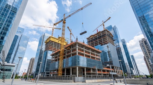 Modern office tower construction site with cranes and unfinished high rise buildings in thriving downtown business district