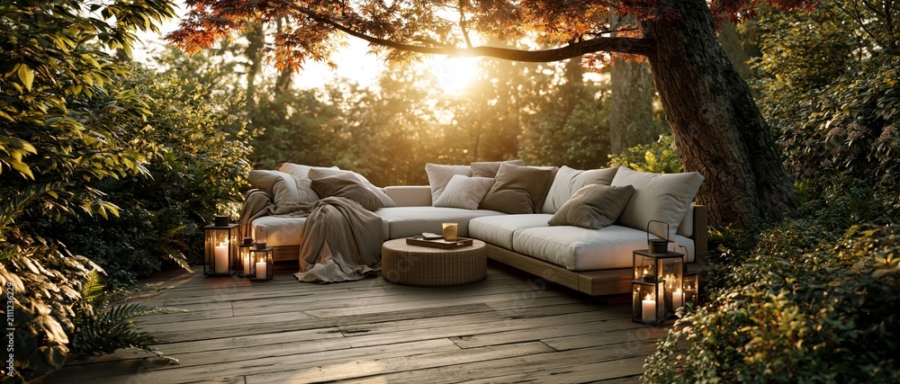 Obraz premium Cozy wooden deck with comfortable outdoor furniture and warm glowing lanterns at sunset.