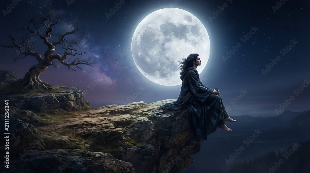 Fototapeta premium Mystical woman meditating under a glowing full moon. Ethereal night scene with serene mountain landscape and celestial lighting.
