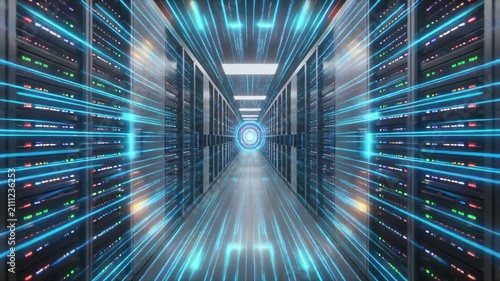 Abstract quantum server hub with holographic flows, digital data streams, and glowing server racks in a futuristic data center