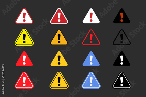 Collection of colorful warning signs with exclamation points vector illustration on dark background