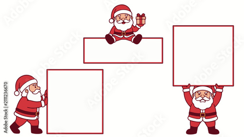 Cartoon santa claus in different poses with blank red frames for christmas greetings or messages