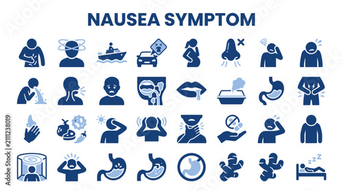 Cuadro en lienzo Nausea symptoms and health icons set featuring medical conditions and treatment