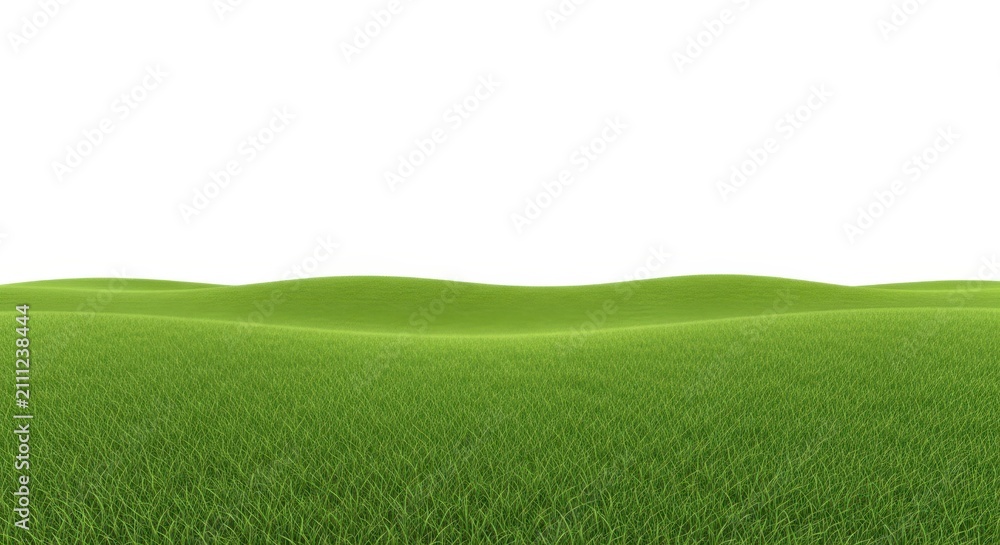 Obraz premium Lush Green Meadow with Rolling Hills and Grass Texture Isolated on White Background