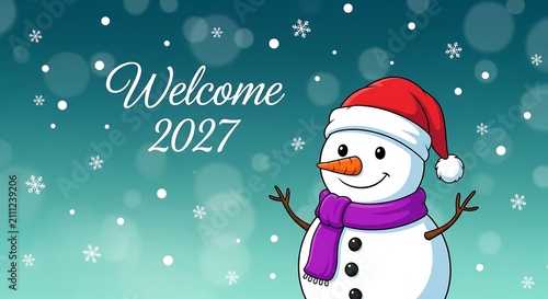 Happy snowman wearing a red hat to welcome the year 2027
