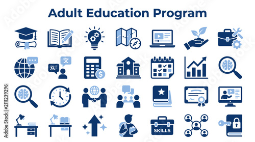 Adult education program icons set representing professional training skills development academic learning and career growth concepts in blue color palette