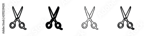 Konstfotografi A set of four distinct scissor icons, each rendered in a unique line art style,