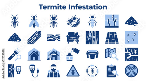 Foto Termite infestation and pest control icons set including insects damage inspecti
