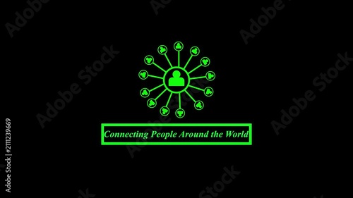 Connecting People Around the World Animated green neon user network hub with Connect Share Grow text bar on black background for social networking business connection and UI UX