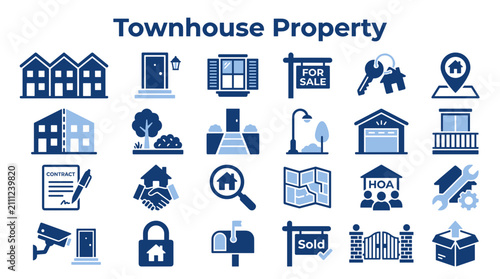 Foto Townhouse property icon set featuring real estate symbols for housing developmen