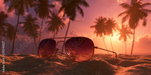 Sunglasses resting on sandy beach at sunset with palm trees reflecting in tinted glass lens.