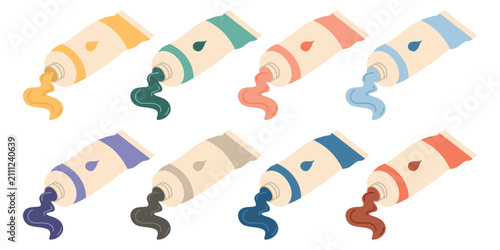 Colorful Paint Tubes Collection. Hand Drawn Vector Illustration Set. Arts and Crafts Concept
