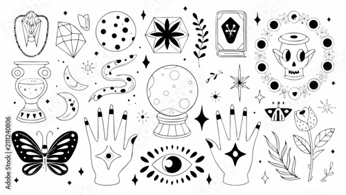 Cuadro en lienzo Mystical Objects And Symbols Collection Black Line Art Illustration On A White B